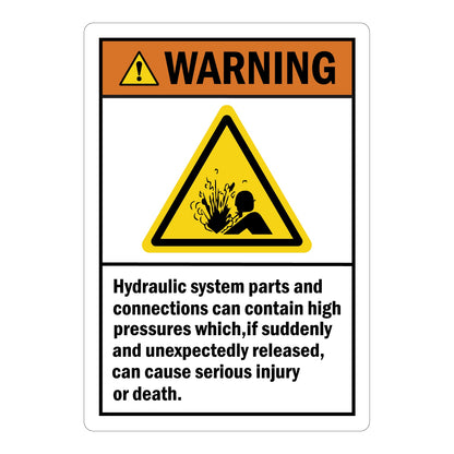 ANSI Warning Hydraulic System Parts And Connections Can Contain High Pressures Which If Suddenly Released Can Cause Serious Injury Or Death Sign Sticker with an orange warning header and yellow pressure explosion triangle symbol