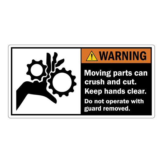 ANSI Warning Pinch Point Crush Gears Moving Parts Can Crush And Cut Keep Hands Clear Do Not Operate With Guard Removed Sign Stickers