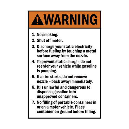 ANSI Warning No Smoking Shut Off Motor Sign Sticker with an orange warning header and seven numbered fuel safety rules including static electricity discharge and fire emergency instructions.