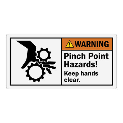 ANSI Warning Pinch Point Keep Hands Clear During Operation Sign Sticker with an orange warning header, gear pinch point symbol, and bold hazard text.