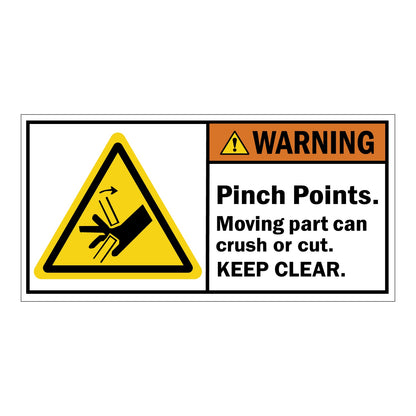 ANSI Warning Pinch Points Moving Part Can Crush Or Cut Keep Clear Sign Sticker featuring an orange warning header, yellow triangle hand crush symbol, and bold keep clear safety instruction text