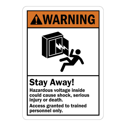 ANSI Warning Stay Away Hazardous Voltage Inside Could Cause Shock Access Trained Personnel Only Sign Stickers