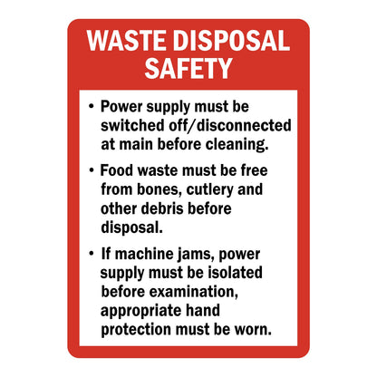 Waste Disposal Safety Guidelines Sign Stickers with a red border, white WASTE DISPOSAL SAFETY header and a black bulleted list of waste disposal safety rules