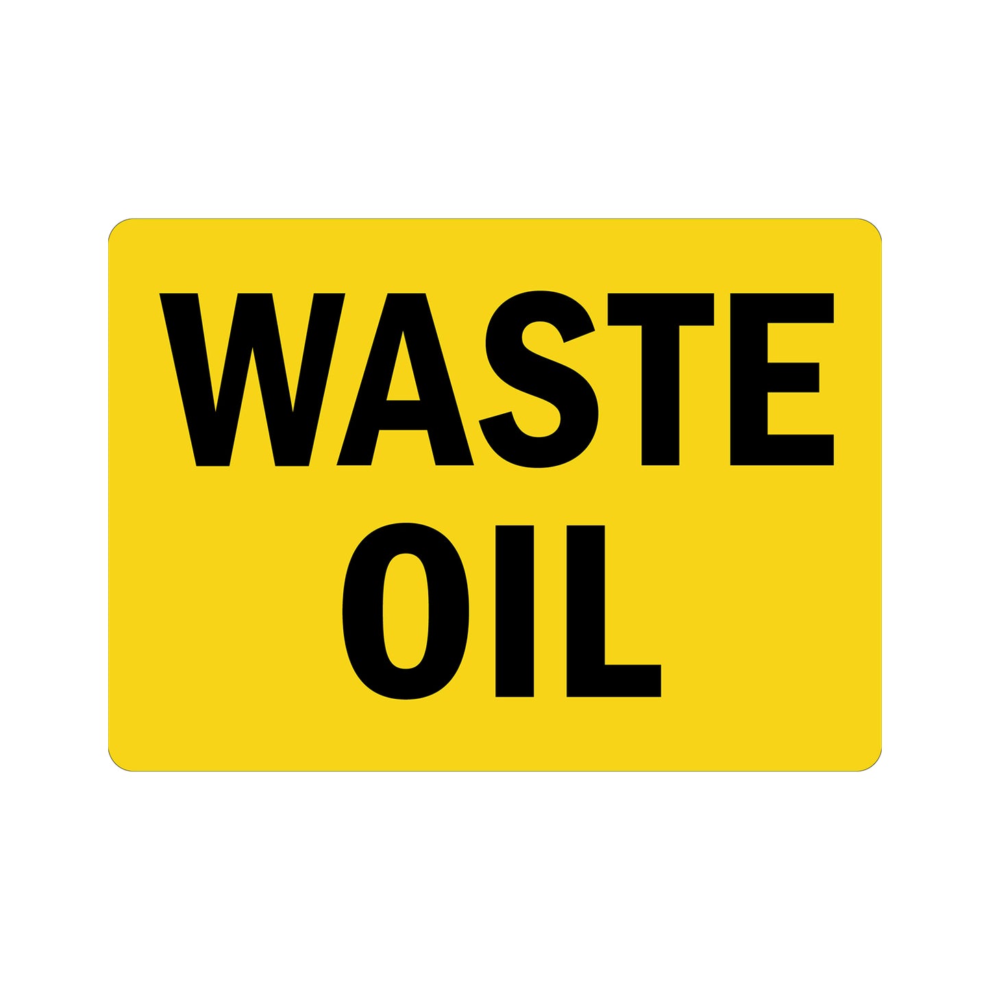 Chemical hazard sign sticker with bold black text: Waste Oil on bright yellow background. Industrial waste identification and safety warning sign sticker.