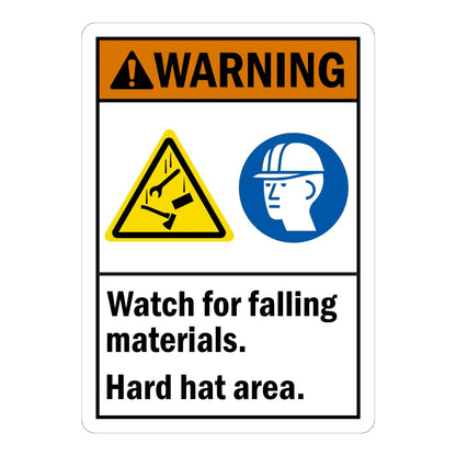 ANSI Warning: Watch for Falling Materials, Hard Hat Area sign stickers: orange WARNING bar, falling object hazard icon and blue hard hat icon, bold wording.