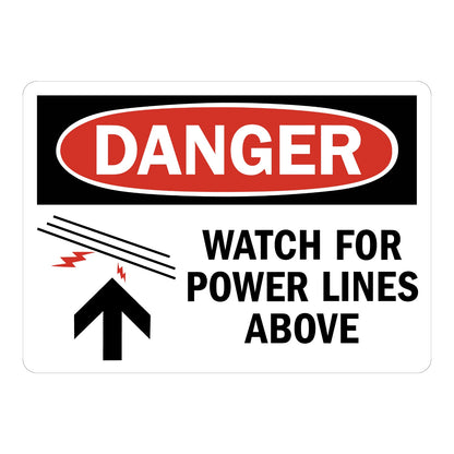 OSHA Danger: Watch for Power Lines Above Sign Sticker with black background, red oval header, power line and lightning bolt icon, and bold black warning text