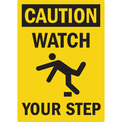 Caution Watch Your Step Sign Stickers with bold yellow and black warning text plus slip hazard symbol for stairs, walkways, entryways, and uneven floors.
