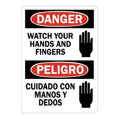 Watch Your Hands And Fingers sign with red Danger header and matching English and Spanish warning text