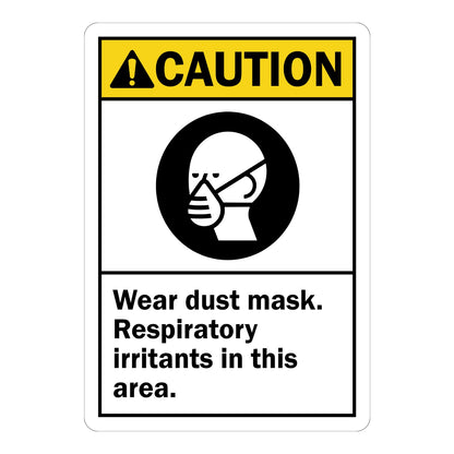 ANSI Caution: Wear Dust Mask. Respiratory Irritants in This Area. sign sticker with yellow header, black dust mask icon, and bold black warning text below.