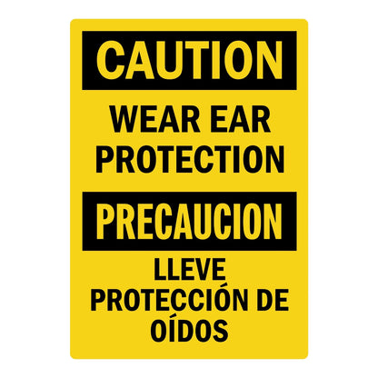 Bilingual OSHA Caution: Wear Ear Protection sign sticker featuring bold black CAUTION and PRECAUCION headers on yellow with English and Spanish text below.