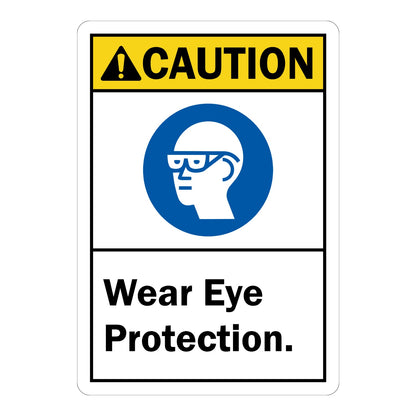 Caution Wear Eye Protection ANSI sign with yellow header and blue safety glasses icon for warehouses labs workshops and industrial hazard areas today