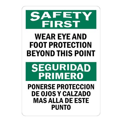 Bilingual OSHA Safety First Wear Eye And Foot Protection Beyond This Point Sign Sticker with green header bars, white text, and English/Spanish text for PPE checkpoint areas.