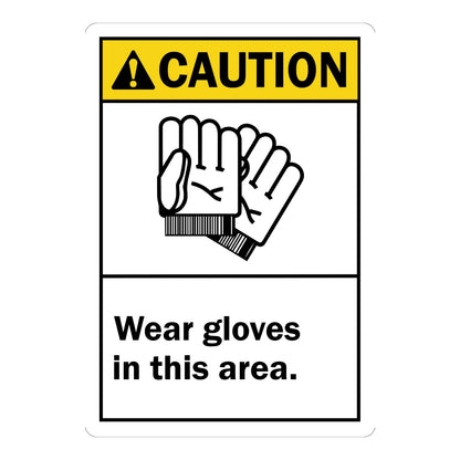 Caution: Wear Gloves in This Area sign sticker with a glove icon and bold black text on white, ideal for ANSI compliance and PPE identification in work areas.