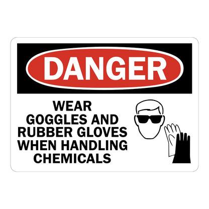 OSHA Danger Wear Goggles And Rubber Gloves Sign Sticker with white background, red and black DANGER header, and PPE icon for handling chemicals 