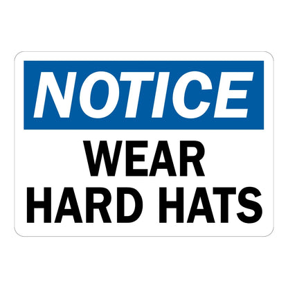 OSHA Notice: Wear Hard Hats Sign Sticker with a blue header and bold black text on a white background, ideal for construction and industrial job site zones