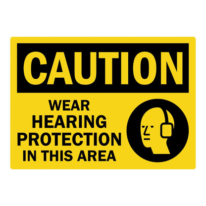 OSHA Caution: Wear Hearing Protection in This Area sign sticker featuring a bold black CAUTION header, an ear protection icon, and black text on yellow.
