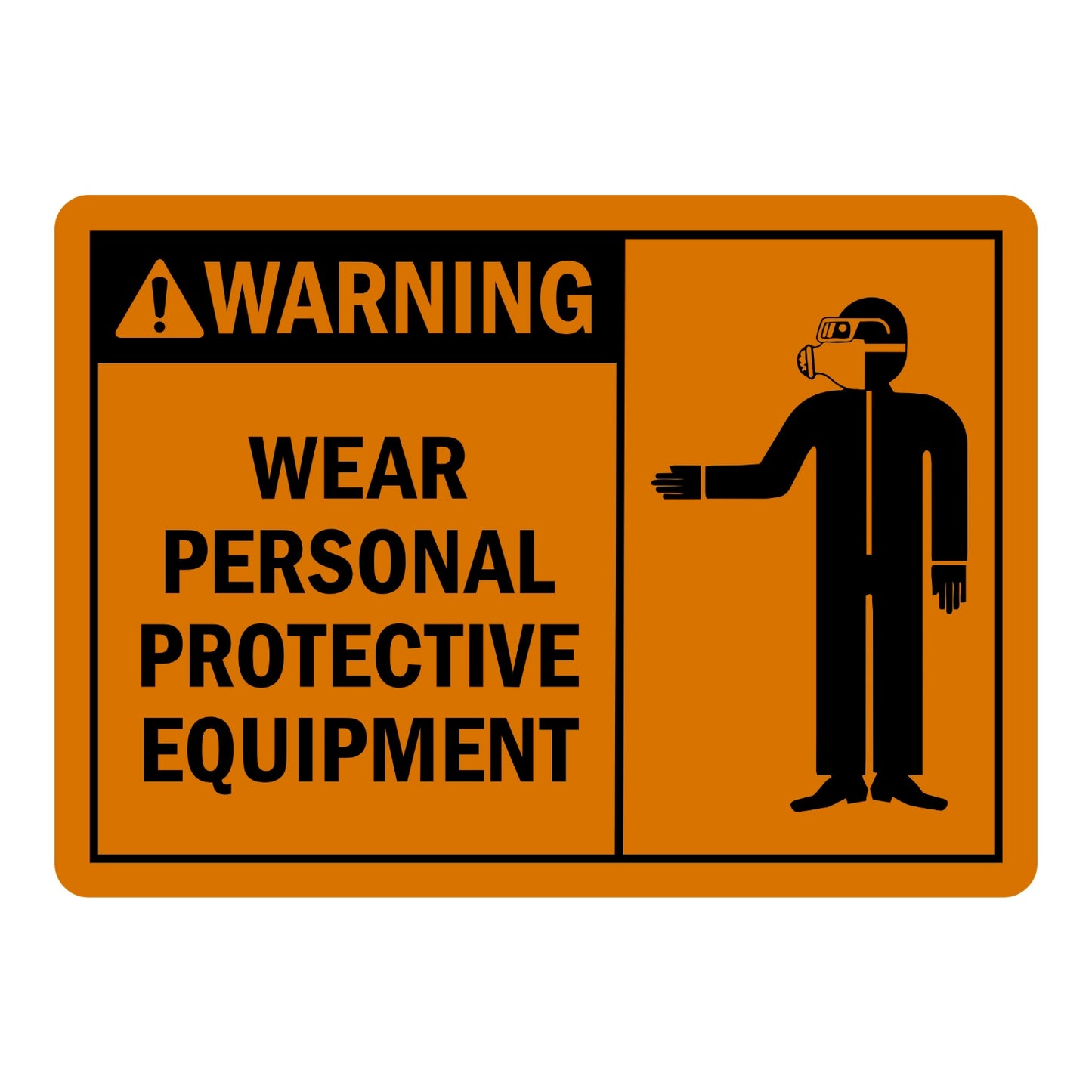ANSI Warning Wear Personal Protective Equipment Sign Sticker with orange background, black warning triangle icon, and standing figure graphic for PPE requirement areas.