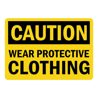 OSHA Caution Sign: Wear Protective Clothing Sign Sticker with yellow background, black header, and bulleted safety instructions for chemical burn hazard and skin/eye contact warning areas.