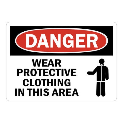 OSHA Danger Wear Protective Clothing In This Area Sign Sticker with red oval banner, black header, and standing figure graphic for hazardous work area protective clothing.