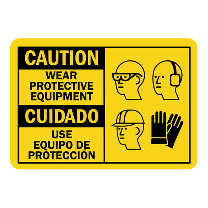 Bilingual Caution: Wear Protective Equipment sign sticker with English and Spanish text, yellow background, and four black PPE icons for safety gear shown.