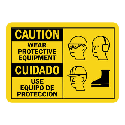 Bilingual Caution: Wear Protective Equipment sign sticker with English and Spanish text, yellow background, and four black icons including a safety boot.