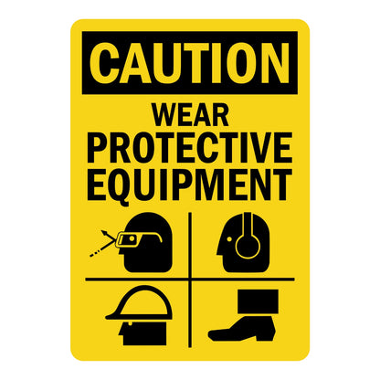 OSHA Caution Wear Protective Equipment Sign Sticker with yellow background, black header, and four PPE icons for eye, ear, head, and foot protection areas.