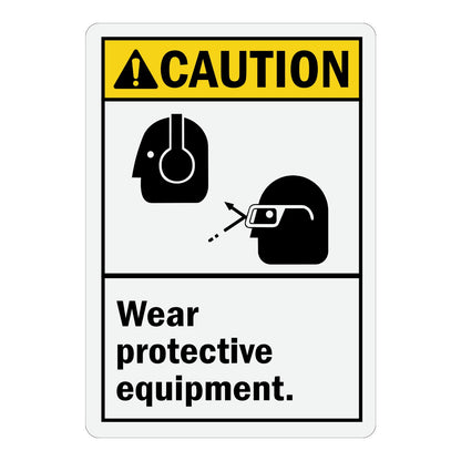 ANSI Caution: Wear Protective Equipment sign sticker featuring a yellow header and two black icons for ear muffs and safety goggles above bold text below.