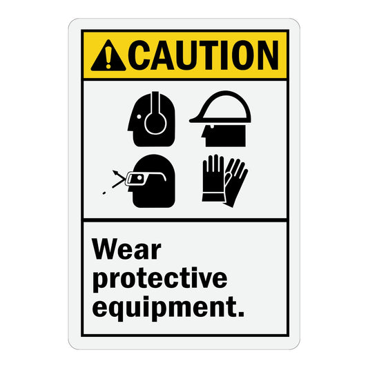 ANSI Caution: Wear Protective Equipment (with hard hat, goggles, ear muff and gloves graphics)