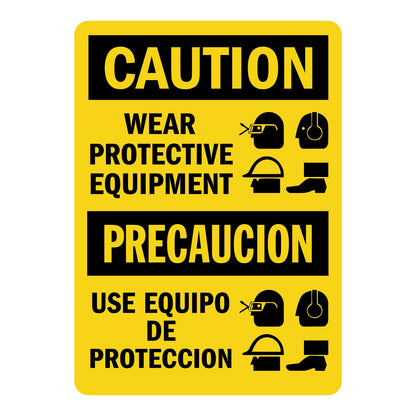 Bilingual Caution: Wear Protective Equipment sign sticker featuring English and Spanish text, yellow background, black CAUTION header, four PPE icons shown.