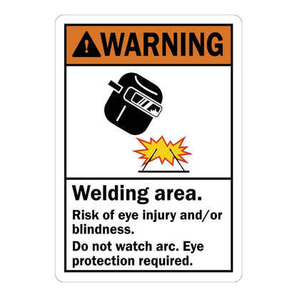 ANSI Warning Sign: Welding Area - Risk Of Eye Injury And/Or Blindness Do Not Watch Arc, Eye Protection Required (Vertical) Sign Sticker with orange header, welding helmet icon, and arc flash graphic