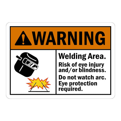 ANSI Warning Sign: Welding Area - Risk Of Eye Injury And/Or Blindness, Eye Protection Required Sign Sticker with orange header, welding helmet icon, arc flash graphic, and bold black text