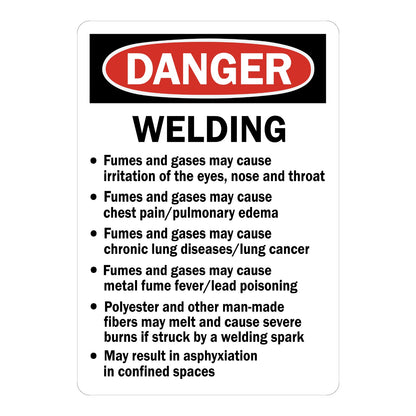 OSHA Danger: Welding Fumes and Gases May Cause Irritation of the Eyes, Nose and Throat Fumes and Gases May Cause Chest Pain Sign Sticker with red oval header and bulleted black warning text