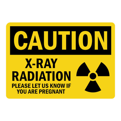 OSHA Caution: X-Ray Radiation - Please Let Us Know If You Are Pregnant Sign Sticker with black header, yellow background, radiation trefoil icon, bold text