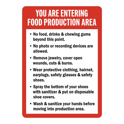 Warning: You Are Entering Food Production Area with Kitchen Safety Rules Sign Stickers with a red border, white header and a black bulleted list of safety rules