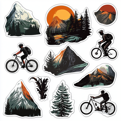 Set of mountain biking and nature-themed custom shape vinyl stickers on a white background