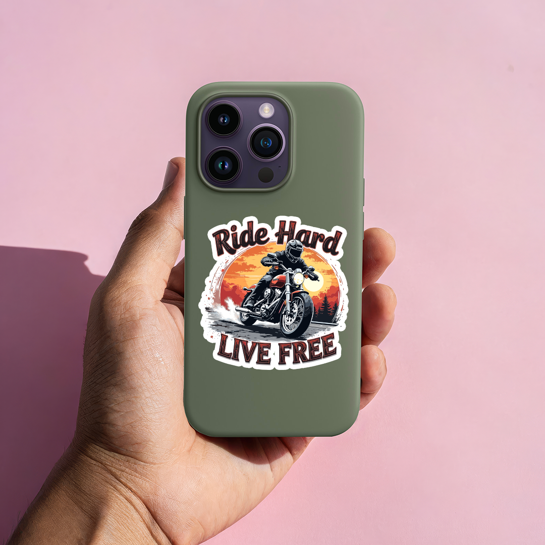 Phone case with 'Ride Hard Live Free' custom shape vinyl stickers design held by a hand against a pink background