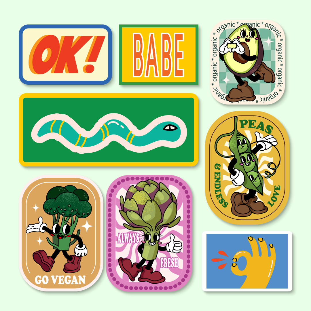 Collection of colorful rectangle stickers with cartoon characters and text on a light green background