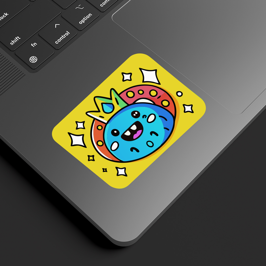Colorful cartoon rectangle stickers on a laptop