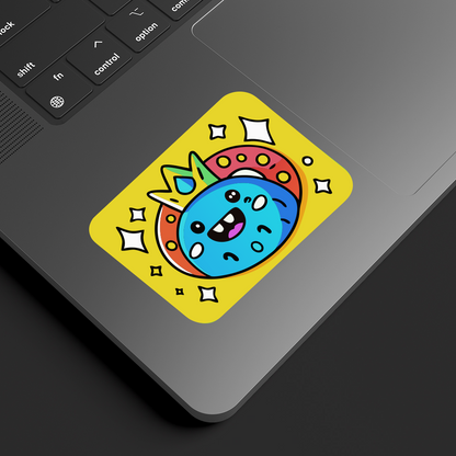 Colorful cartoon rectangle stickers on a laptop