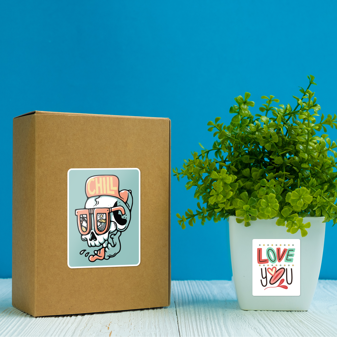 Brown box with a rectangle stickers of a cartoon character next to a potted plant with a 'Love You' rectangle stickers on a blue background