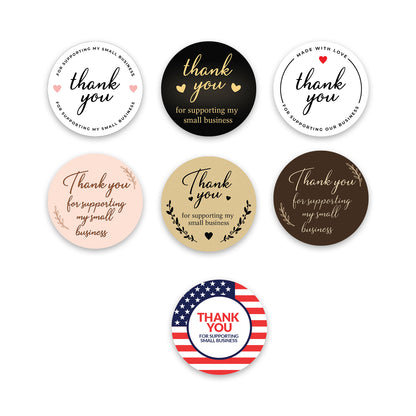 Set of round stickers with 'thank you' messages for supporting small businesses in various colors and designs.