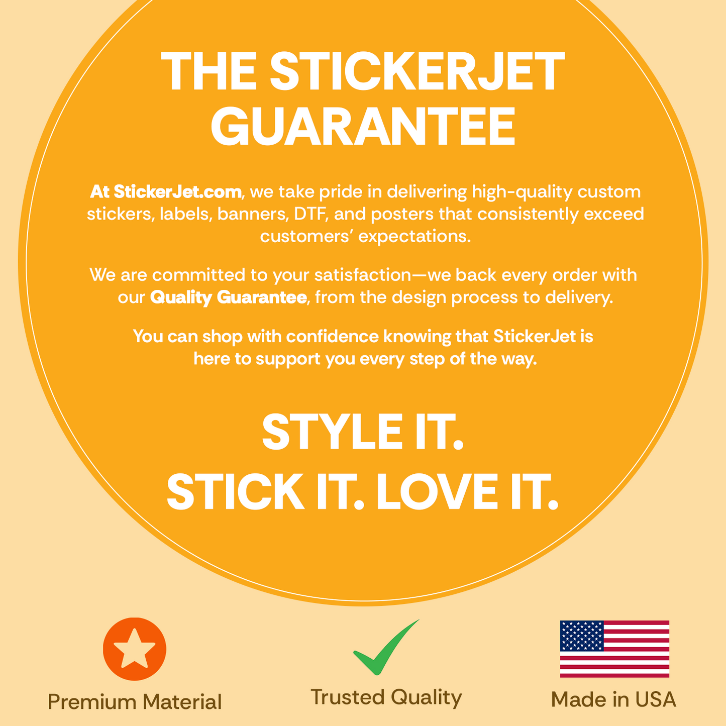 StickerJet quality guarantee on custom stickers, labels, banners, DTF, and posters, made in USA